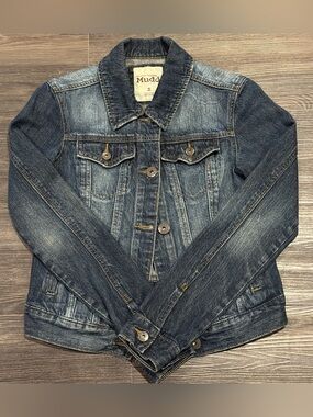 Vintage Y2K Mudd Women’s Denim Jacket Sz S Blue Fitted Button Up Distressed Wash